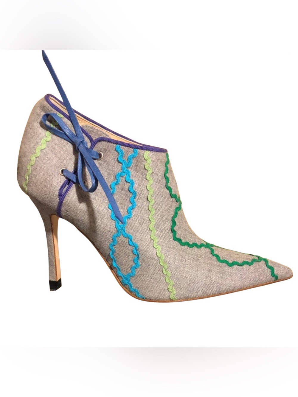 Manolo Blahnik Wool Spin Flan Grey Lace-Up Ankle Booties Heels EU 39.5 Rare